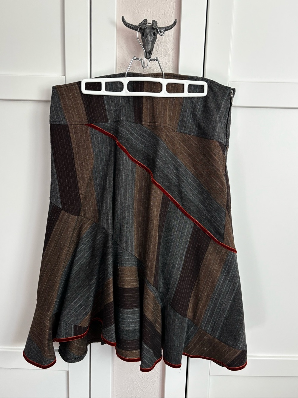 Oilily vintage Striped wool patchwork Flared Midi Skirt with Rust velvet trim